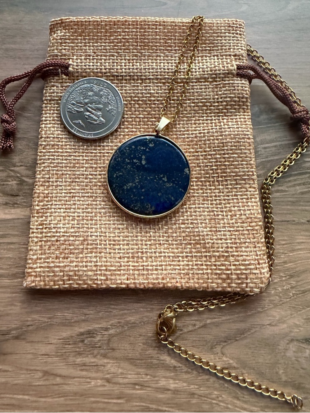 Genuine Lapis Lazuli Round Pendant Lapis Necklace Minimalist Crystal Necklace - Picture 2 of 2